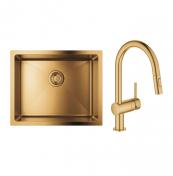 Grohe K700U rustfri st�lvask inkl. Grohe New Minta k�kkenarmatur m/udtr�k - B�rstet cool sunrise