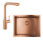 Grohe K700U rustfri st�lvask inkl. Grohe Essence New k�kkenarmatur m/udtr�k - B�rstet warm sunset