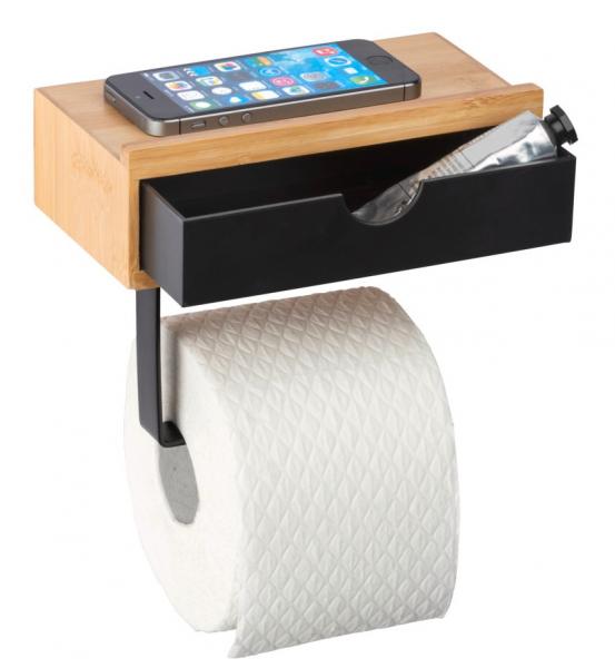 Wenko Bambusa toiletpapirholder m/hylde og skuffe - Sort/bambus Wenko Bambusa toiletpapirholder m/hylde og skuffe - Sort/bambus