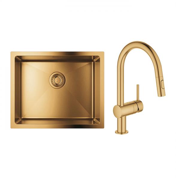 Grohe K700U rustfri st&aring;lvask inkl. Grohe New Minta k&oslash;kkenarmatur m/udtr&aelig;k - B&oslash;rstet cool sunrise