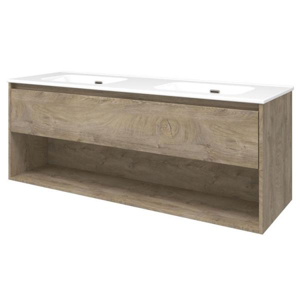 Sanibell Proline 140 m&oslash;bels&aelig;t m/skuffe, hylde og dobbeltvask - Uden hanehul - R&aring; eg