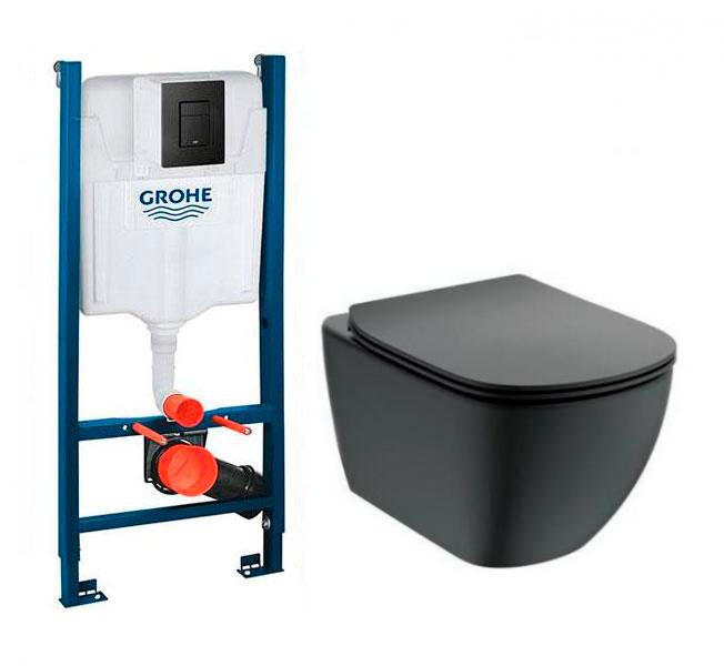 Ideal Standard Tesi mat sort toiletpakke inkl. s&aelig;de/soft-close, cisterne og mat sort betjening