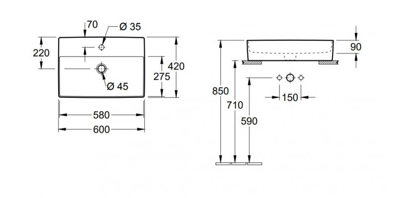 Outlet - V&B Memento 2.0 60 fritst&aring;ende bowlevask - 1/3 hanehuller