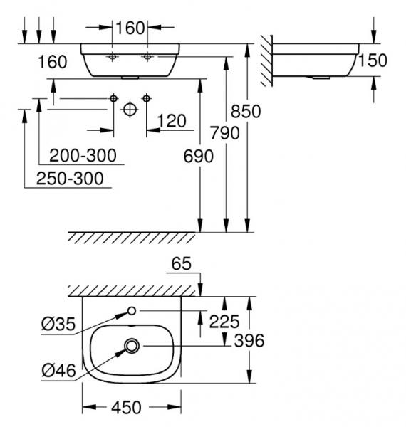Grohe Euro 45 håndvask t/væg - 1 hanehul Grohe Euro 45 håndvask t/væg - 1 hanehul