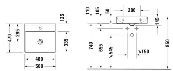 Duravit DuraSquare 50 h&aring;ndvask t/v&aelig;g eller m&oslash;bel - 1 hanehul - Uden overl&oslash;b - Wondergliss