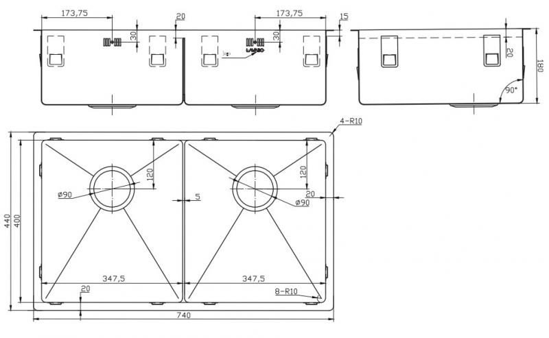 Lavabo Kubus 740 Soft Slim dobbelt k&oslash;kkenvask i rustfrit st&aring;l