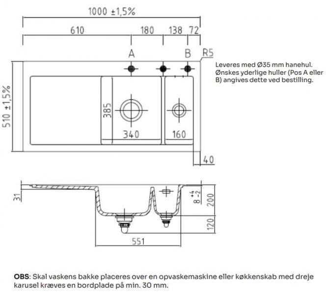 Lavabo Mera 100 porcel&aelig;nsk&oslash;kkenvask - Vaske til h&oslash;jre