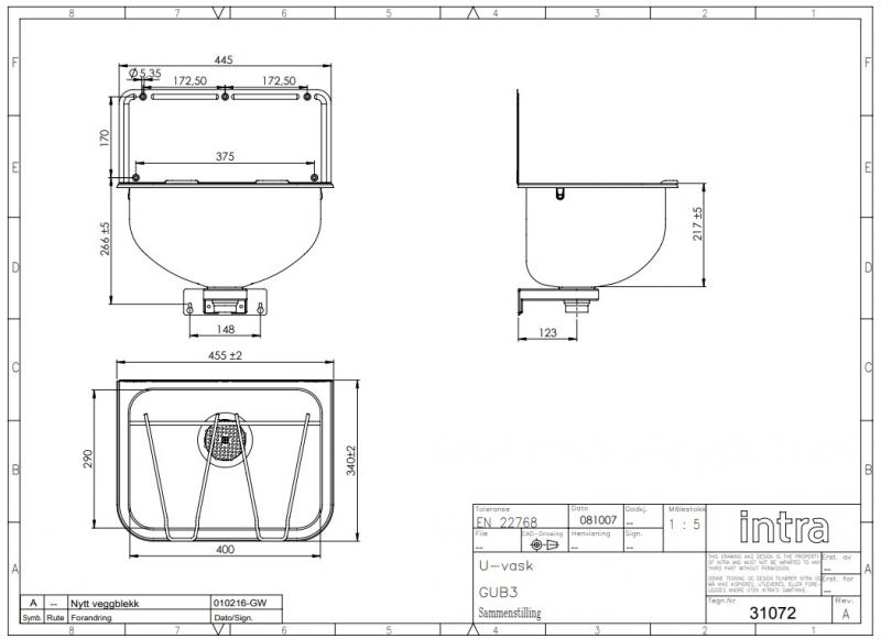 Intra Juvel GUB3 udslagsvask t/v&aelig;g - 45 cm