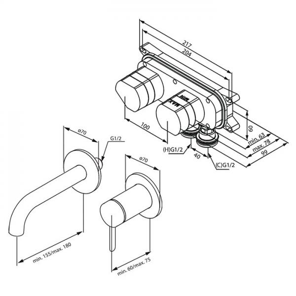 Damixa Iris komplet h&aring;ndvaskarmatur til indbygning - Steel