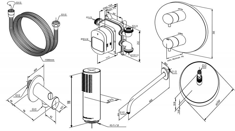 Damixa Silhouet komplet brusesystem til indbygning - B&oslash;rstet kobber