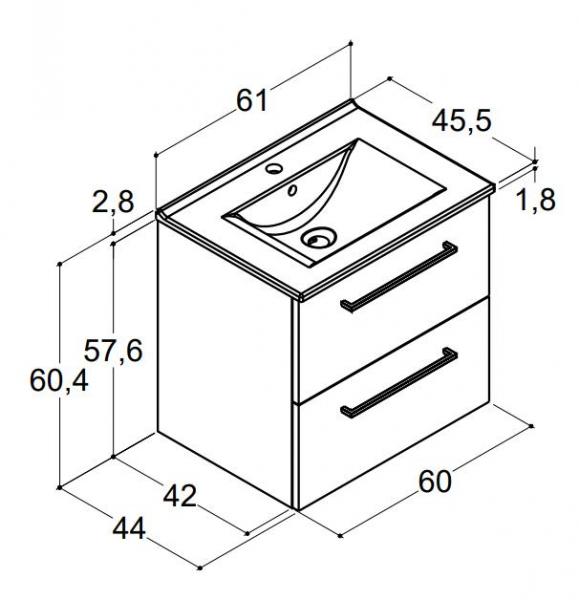 Dansani Mido+ 60 m&oslash;belpakke m/Amber vask og 2 skuffer - Mat hvid