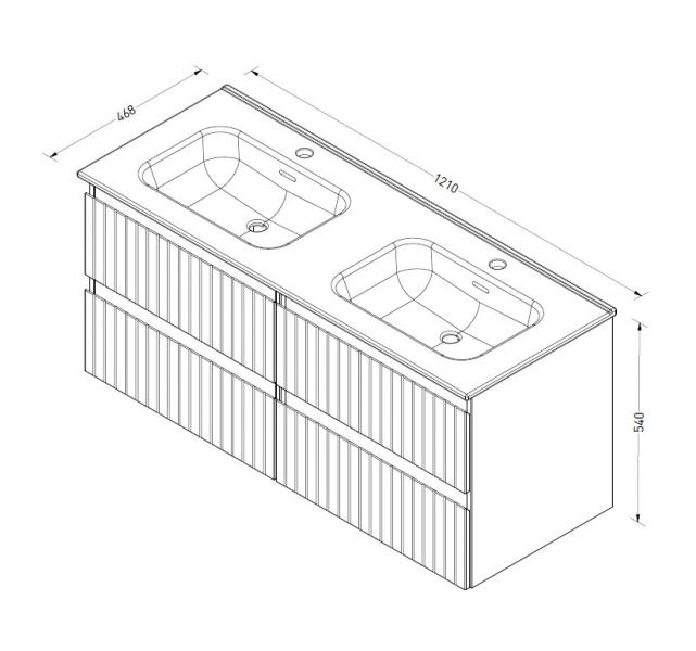 Sanibell Proline 120 m&oslash;bels&aelig;t m/lameller, 4 skuffer og dobbeltvask - Terra eg