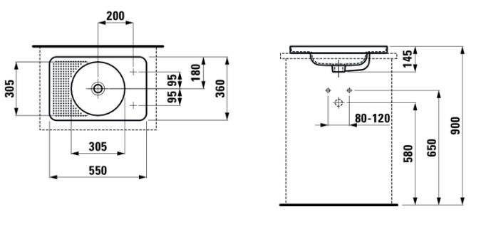 Laufen VAL 55 h&aring;ndvask m/hanehul til venstre og LLC- Nedf&aelig;ldning