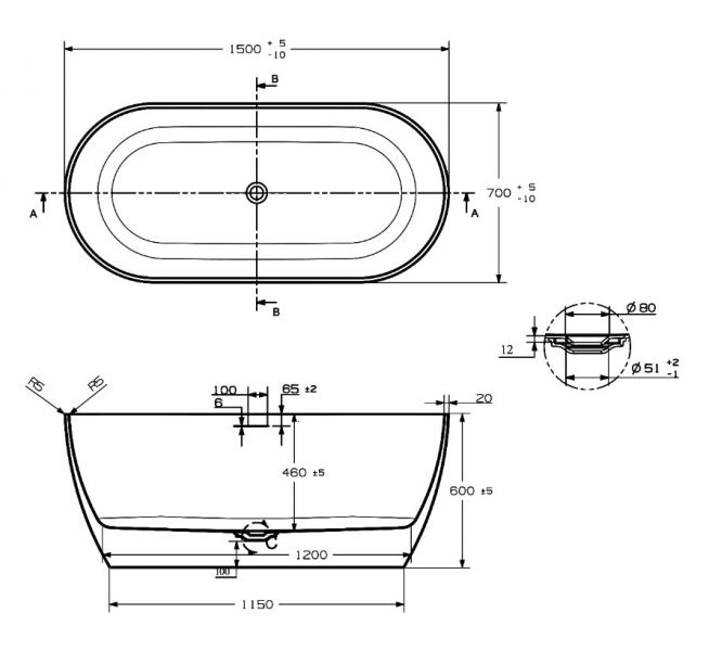 Str&oslash;mberg Riba fritst&aring;ende badekar - 150 x 70 - Mat hvid