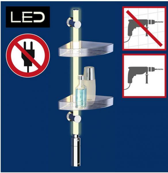 Wenko brusehylde til bad med LEDlys - Kan ogs&aring; limes