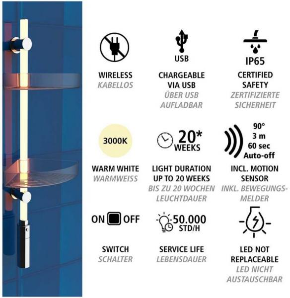 Wenko brusehylde til bad med LEDlys - Kan ogs&aring; limes